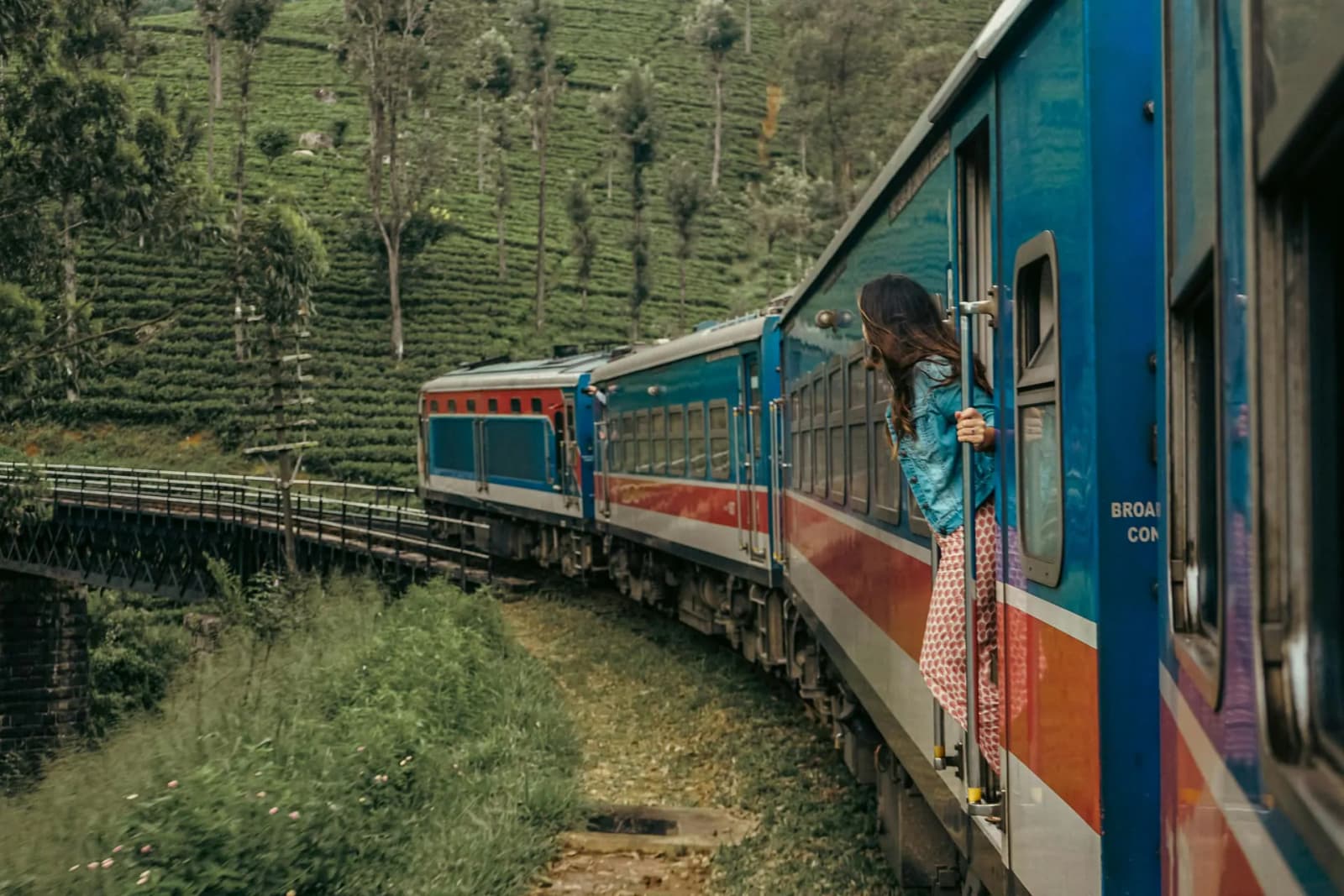 Blue train winding along a viaduct through emerald tea terraces