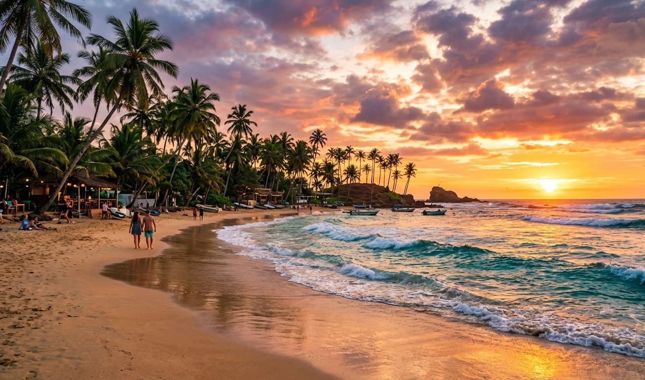 Palm-lined coastal road glowing under a Sri Lankan sunset
